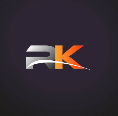 İlk harf RK logotype şirketi. Renkli gri ve turuncu renk desenli. Siyah arkaplanda izole.