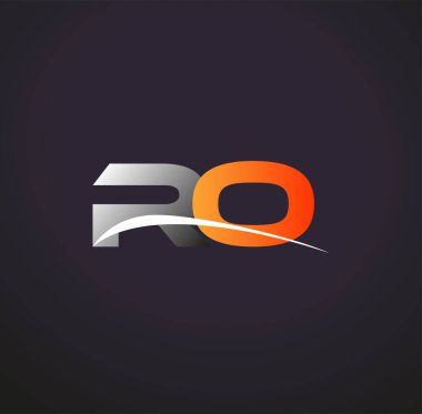 İlk harf RO logotype şirket adı Renkli Gri ve Turuncu Swoosh tasarımı. Siyah arkaplanda izole.