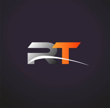 İlk harf RT logotype şirketi. Renkli gri ve turuncu renk desenli. Siyah arkaplanda izole.
