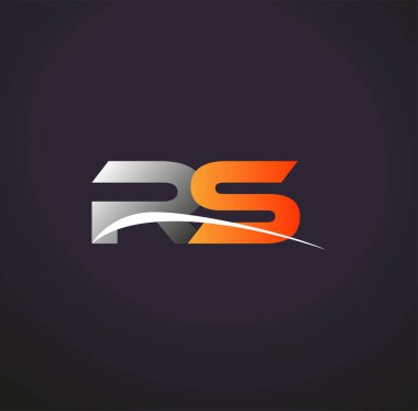 İlk harfi RS logotype şirketi. Renkli gri ve turuncu çizim. Siyah arkaplanda izole.