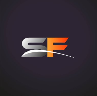İlk harf SF logotype şirket adı Renkli Gri ve Turuncu Swoosh tasarımı. Siyah arkaplanda izole.
