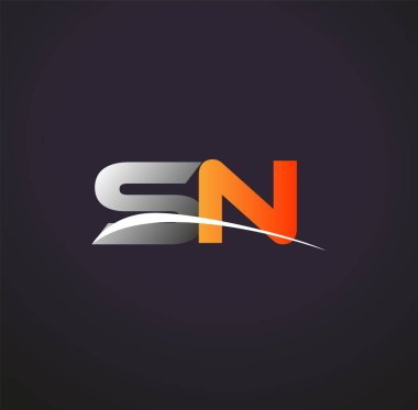İlk harf SN logotype şirket adı Renkli Gri ve Turuncu Swoosh tasarımı. Siyah arkaplanda izole.
