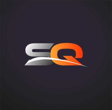 İlk harfi SQ logotype şirketi. Renkli gri ve turuncu çizim. Siyah arkaplanda izole.
