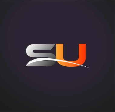 İlk harf SU logotype şirket adı Renkli Gri ve Turuncu Swoosh tasarımı. Siyah arkaplanda izole.