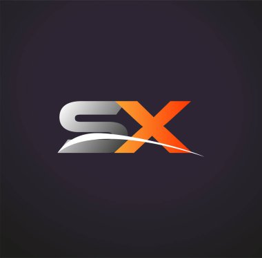 İlk harfi SX logotype şirketi. Renkli gri ve turuncu çizim. Siyah arkaplanda izole.