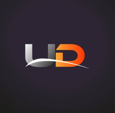 İlk harf UD logotype şirketinin adı renkli gri ve turuncu renk desenli. Siyah arkaplanda izole.