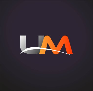 İlk harfi UM logotype şirketi. Renkli gri ve turuncu renk desenli. Siyah arkaplanda izole.