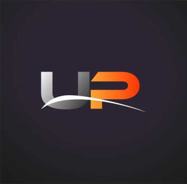 İlk harf UP logotype şirketi adı Renkli Gri ve Turuncu Swoosh tasarımı. Siyah arkaplanda izole.