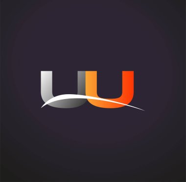 İlk harfi UU logotype şirketi. Renkli gri ve turuncu çizim. Siyah arkaplanda izole.