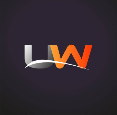 İlk harfi UW logotype şirketi. Renkli gri ve turuncu çizim. Siyah arkaplanda izole.