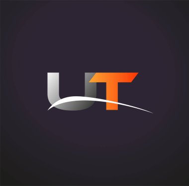 İlk harfi UT logotype şirketi. Renkli gri ve turuncu renkte. Siyah arkaplanda izole.
