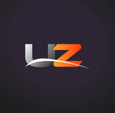 İlk harfi UZ logotype şirketi. Renkli gri ve turuncu çizim. Siyah arkaplanda izole.