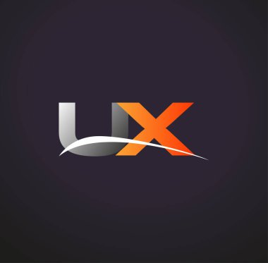 İlk harfi UX logotype şirketi. Renkli gri ve turuncu çizim. Siyah arkaplanda izole.