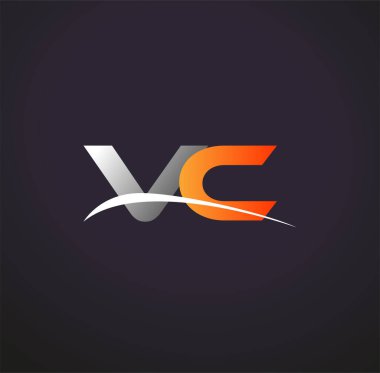 İlk harf VC logotype şirketinin adı Gri ve Turuncu Swoosh tasarımı. Siyah arkaplanda izole.