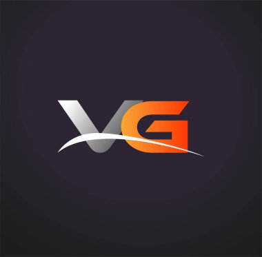 İlk harfi VG logotype şirketi. Renkli gri ve turuncu çizim. Siyah arkaplanda izole.