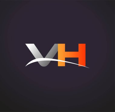 İlk harf VH logotype şirket adı Renkli Gri ve Turuncu Swoosh tasarımı. Siyah arkaplanda izole.