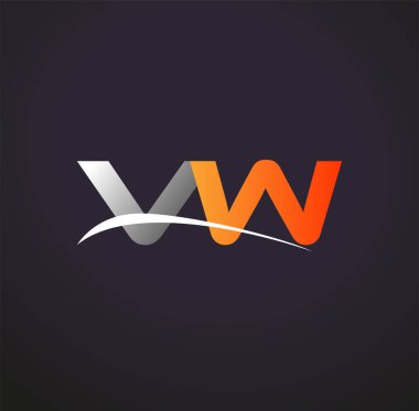 İlk harfi VW logotype şirketi. Renkli gri ve turuncu çizim. Siyah arkaplanda izole.