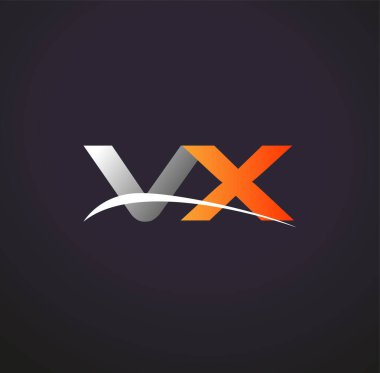 İlk harf VX logotype şirket adı Gri ve Turuncu Swoosh tasarımı. Siyah arkaplanda izole.
