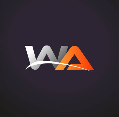 İlk harf WA logotype şirketinin adı Renkli Gri ve Turuncu Swoosh tasarımı. Siyah arkaplanda izole.