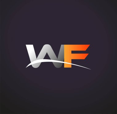 İlk harfi WF logotype şirketi. Renkli gri ve turuncu çizim. Siyah arkaplanda izole.