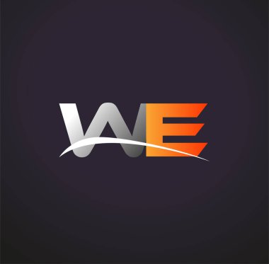 İlk harf We logotype şirket adı Renkli Gri ve Turuncu Swoosh tasarımı. Siyah arkaplanda izole.