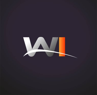İlk harf WI logotype şirketinin adı Renkli Gri ve Turuncu Swoosh tasarımı. Siyah arkaplanda izole.