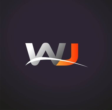 İlk harfi WJ logotype şirketi. Renkli gri ve turuncu çizim. Siyah arkaplanda izole.