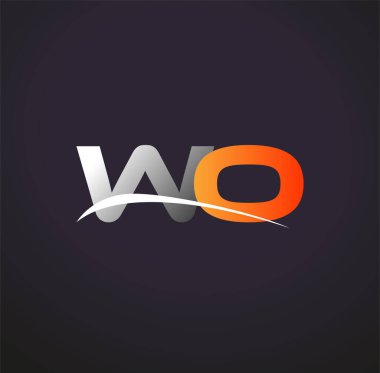 İlk harf WO logotype şirket adı Renkli Gri ve Turuncu Swoosh tasarımı. Siyah arkaplanda izole.