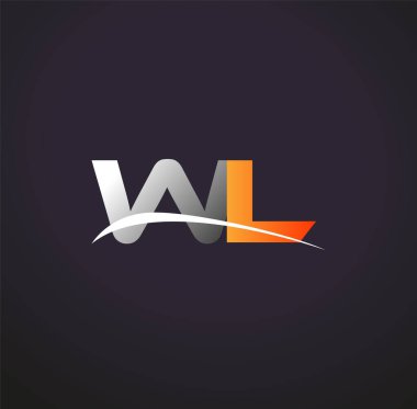 İlk harf WL logotype şirket adı Renkli Gri ve Turuncu Swoosh tasarımı. Siyah arkaplanda izole.