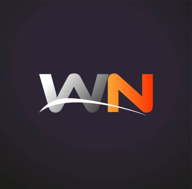 İlk harf WN logotype şirketinin adı Renkli Gri ve Turuncu Swoosh tasarımı. Siyah arkaplanda izole.