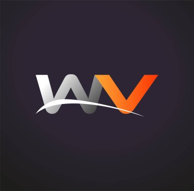İlk harfi WV logotype şirketi. Renkli gri ve turuncu çizim. Siyah arkaplanda izole.