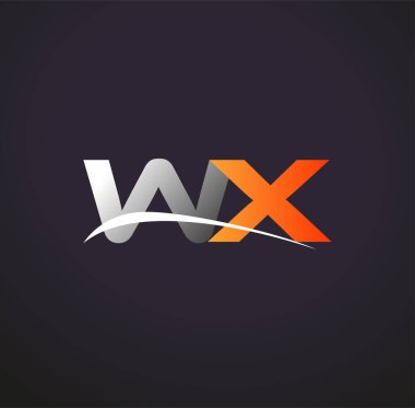 İlk harfi WX logotype şirketi. Renkli gri ve turuncu çizim. Siyah arkaplanda izole.