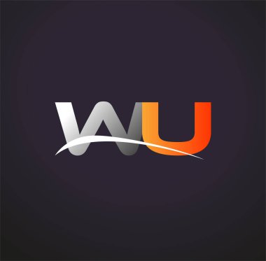 İlk harfi WU logotype şirketi. Renkli gri ve turuncu çizim. Siyah arkaplanda izole.