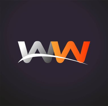 İlk harfi WW logotype şirketi. Renkli gri ve turuncu çizim. Siyah arkaplanda izole.