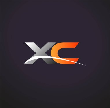 İlk harf XC logotype şirketinin adı Gri ve Turuncu Swoosh tasarımı. Siyah arkaplanda izole.
