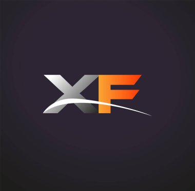İlk harf XF logotype şirket adı Renkli Gri ve Turuncu Swoosh tasarımı. Siyah arkaplanda izole.