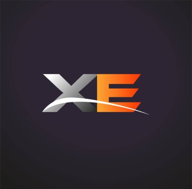 İlk harf XE logotype şirketinin adı Gri ve Turuncu Swoosh tasarımı. Siyah arkaplanda izole.