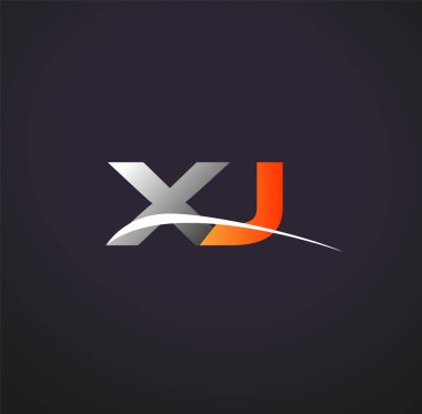İlk harf XJ logotype şirketinin adı renkli gri ve turuncu renk desenli. Siyah arkaplanda izole.