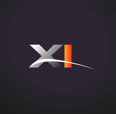 İlk harf XI logotype şirket adı Renkli Gri ve Turuncu Swoosh tasarımı. Siyah arkaplanda izole.