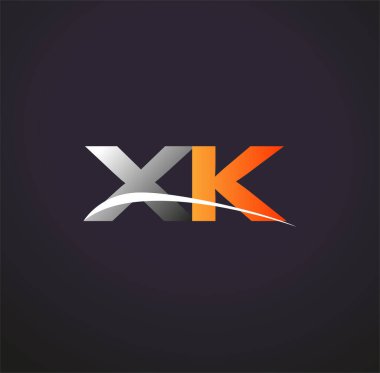 İlk harfi XK logotype şirketi. Renkli gri ve turuncu çizim. Siyah arkaplanda izole.