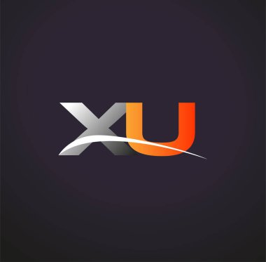 İlk harfi XU logotype şirketi. Renkli gri ve turuncu çizim. Siyah arkaplanda izole.