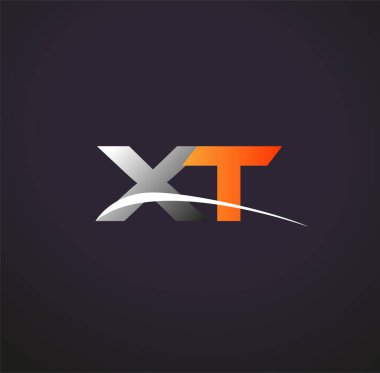 İlk harf XT logotype şirketinin adı Renkli Gri ve Turuncu Swoosh tasarımı. Siyah arkaplanda izole.