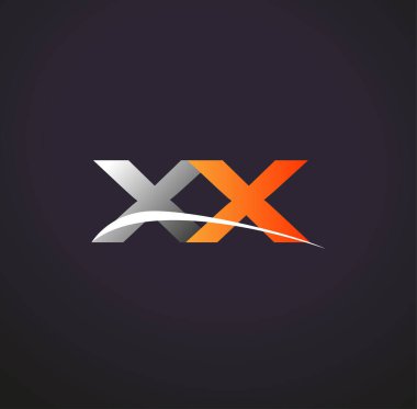 İlk harf XX logotype şirket adı Renkli Gri ve Turuncu Swoosh tasarımı. Siyah arkaplanda izole.