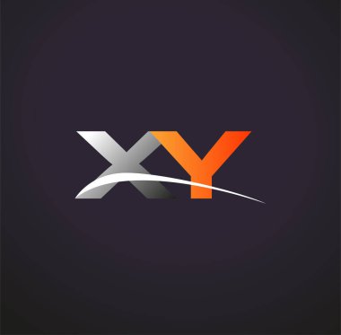 İlk harf XY logotype şirket adı Renkli Gri ve Turuncu Swoosh tasarımı. Siyah arkaplanda izole.