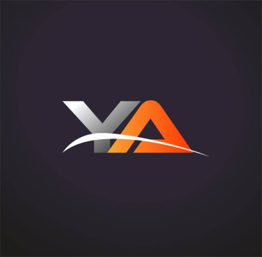 İlk harfi YA logotype şirketi. Renkli gri ve turuncu çizim. Siyah arkaplanda izole.