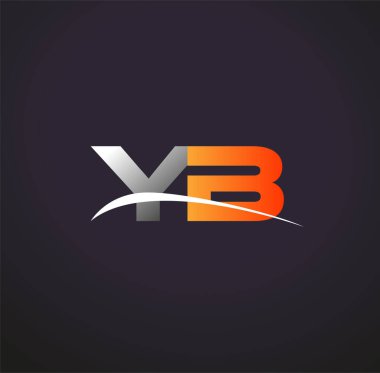 İlk harf YB logotype şirket adı Renkli Gri ve Turuncu Swoosh tasarımı. Siyah arkaplanda izole.