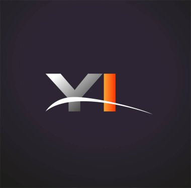 İlk harf YI logotype şirket adı Renkli Gri ve Turuncu Swoosh tasarımı. Siyah arkaplanda izole.