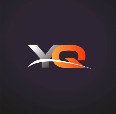 İlk harfi YQ logotype şirketi. Renkli gri ve turuncu çizim. Siyah arkaplanda izole.