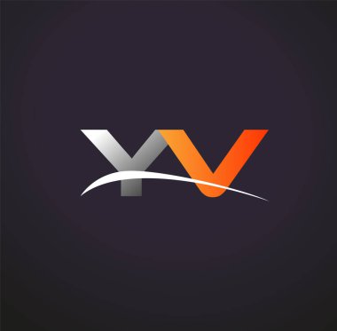 İlk harf YV logotype şirketinin adı renkli gri ve turuncu renk desenli. Siyah arkaplanda izole.