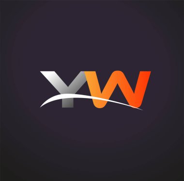 İlk harfi YW logotype şirketi. Renkli gri ve turuncu çizim. Siyah arkaplanda izole.